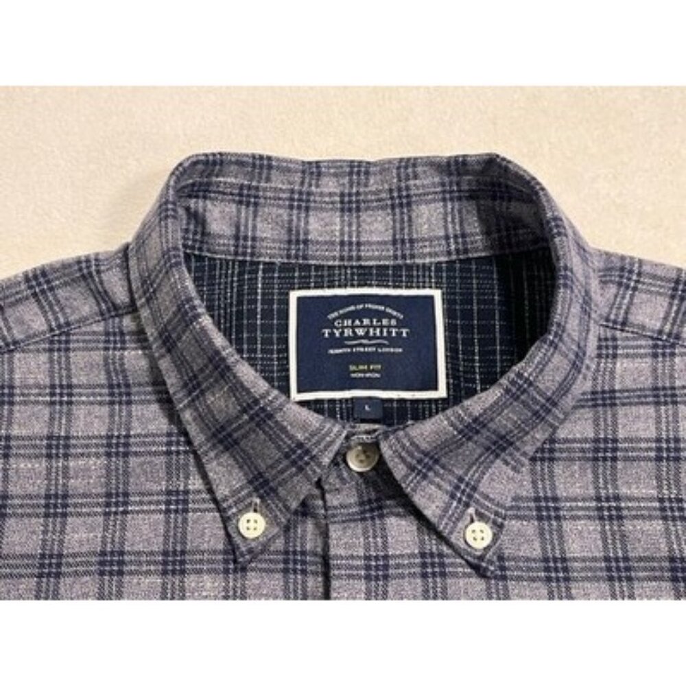 Men’s Large Charles Tyrwhitt Non Iron Slim Fit Oxford Plaid Gray Blue - Picture 6 of 13